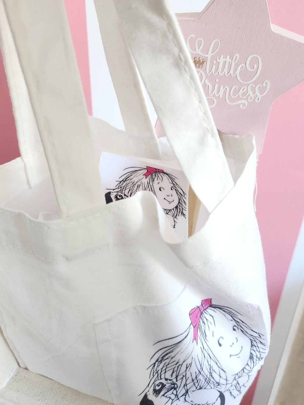 Kids White Canvas Tote Bag with Pink Accent